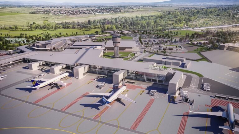 Sofia Airport secures €450m financing for Terminal 3 development Project renderings for the new Terminal 3 at Sofia Airport, with the terminal building and airplanes parked up at a number of gates.