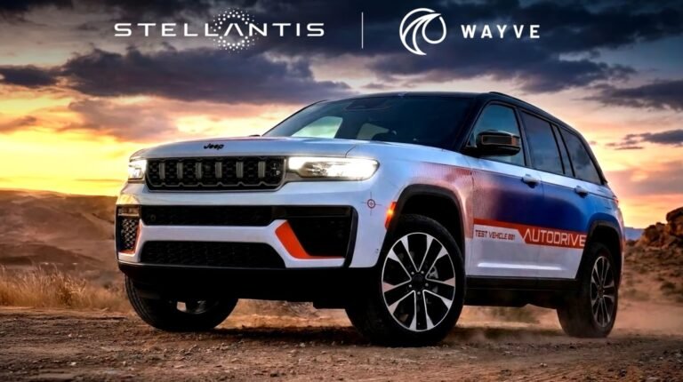 A Stellantis SUV parked up in a rugged rural environment as the sun sets over the horizon in the background. Stellantis and Wayve logos run across the top.