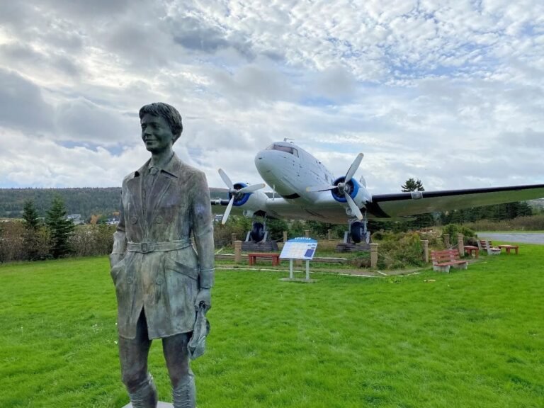 Stolen and vandalized Amelia Eearhart statue has been restored and reinstalled in Harbour Grace, Canada. [Credit: Newfoundland and