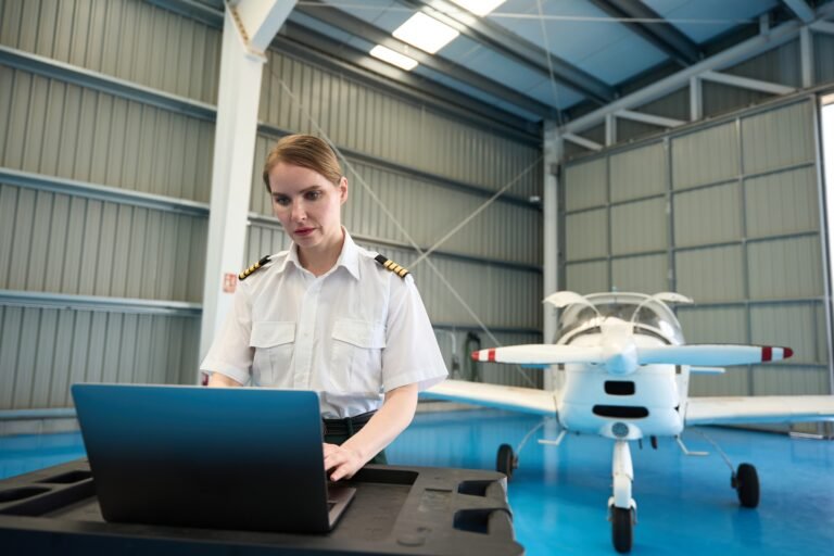 Pilot using laptop in hangar [Credit: Shutterstock]