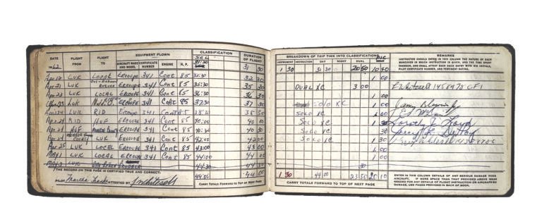 The author found the entry in her first pilot logbook for a required 350-mile solo cross-country flight in 1962. [Credit: Martha Lunken]
