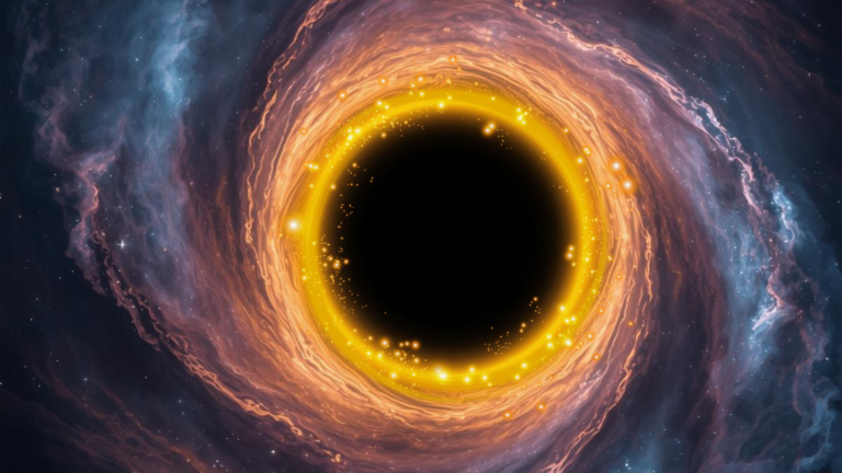 A dark circle surrounded by swirls of light, most notably a golden ring.
