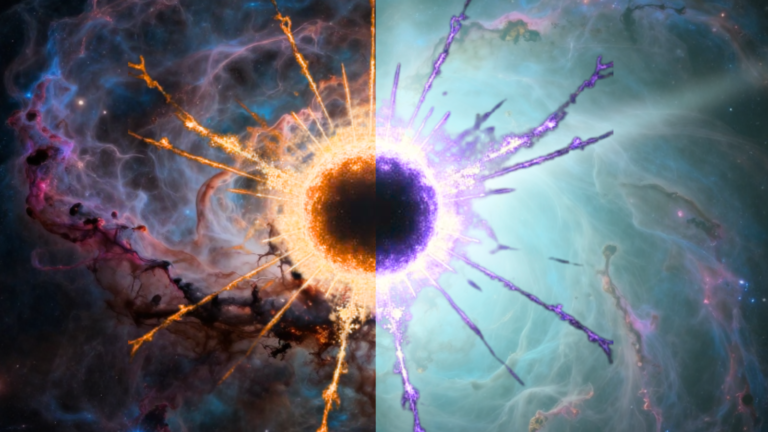 Can black holes turn into white holes? It’s not such a crazy idea, scientists say The left half of the illustration shows a dark background with a splotch of orange toward the center. That splotch is blue on the right side, and the rest of the right side is blueish gray in the background.