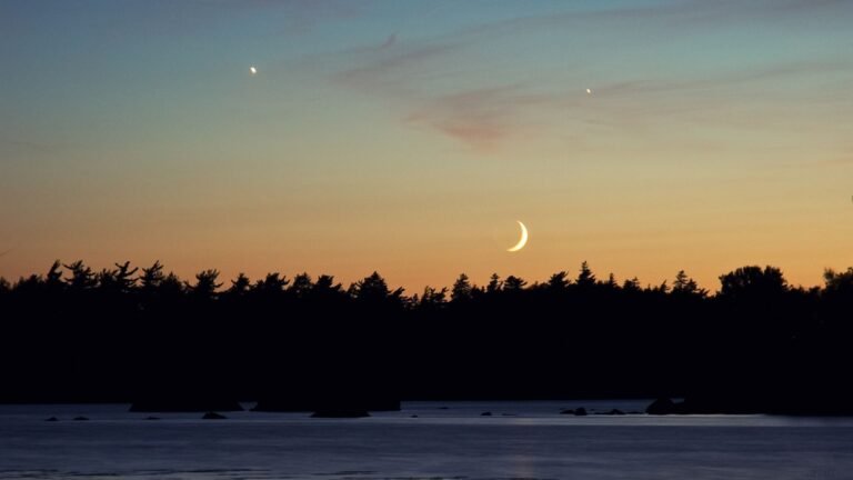 Catch Mercury shining at its best on June 15 before it slips back into the sun’s glare A crescent moon shines in the evening sky above a forest as two planets glow overhead in the peach colored sky.