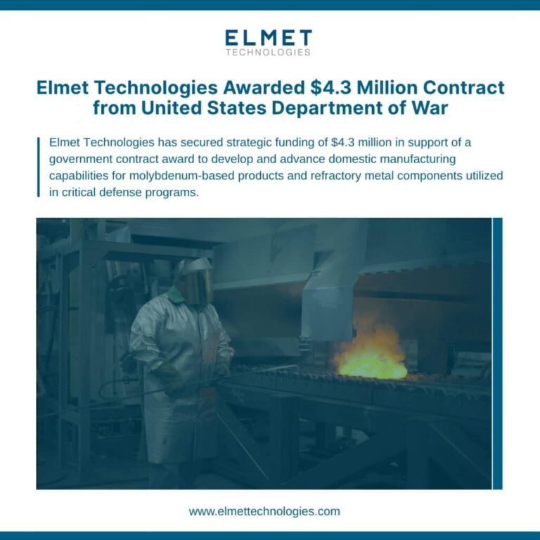 Elmet Technologies Lands Defense Award to Scale Molybdenum Manufacturing Elmet Technologies Lands $4.3M Defense Award. Image via Elmet Technologies.