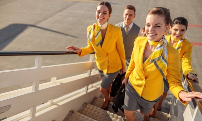 Flight attendants boarding an airplane