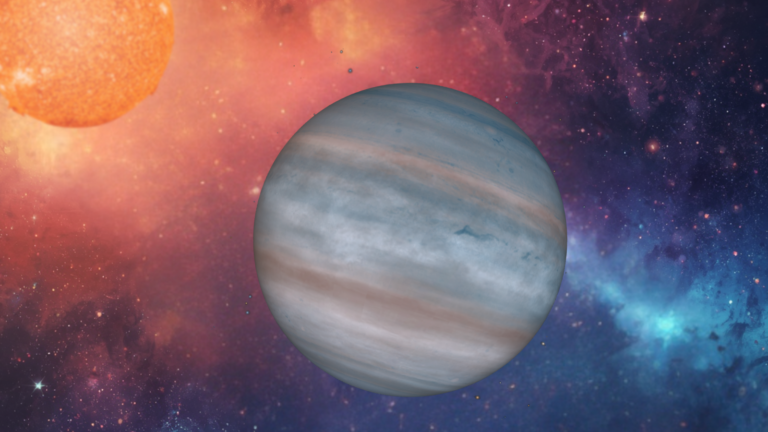 How do you study an invisible exoplanet? Astronomers discover planetary ‘fingerprints’ in the rings around stars A Jupiter-looking world against a cosmic background. An orange star is seen toward the left.