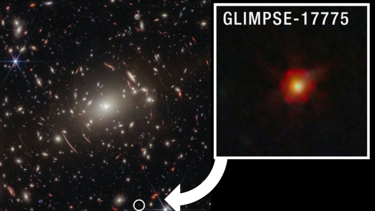 A view of lots of gravitationally warped galaxies in the universe. One small red dot is magnified in a boxout and called GLIMPSE-17775.