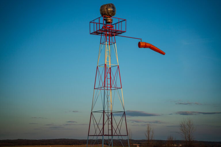 The old beacon at Sugar Ridge Airport (WS62) in Wisconsin basks in the twilight.