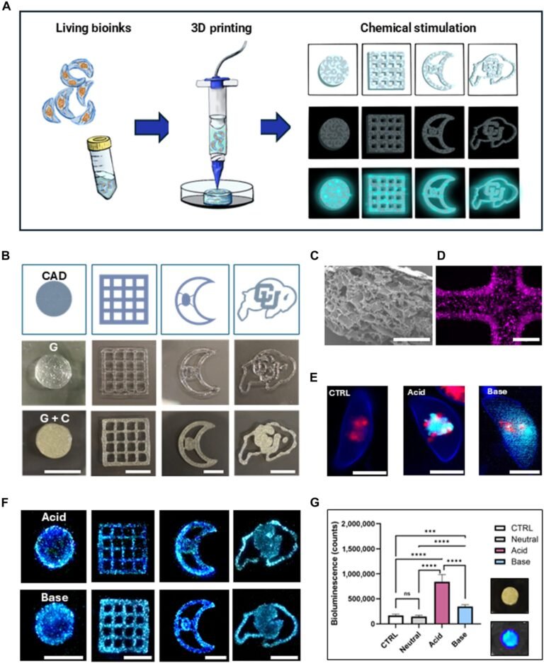 New Bioluminescent Materials Sustain Light Across 4 Weekly Cycles 3D bioprinting of P. lunula-laden alginate bioinks enables spatially defined, chemically stimulated bioluminescence. Image via Giulia Brachi et al. Science Advances.