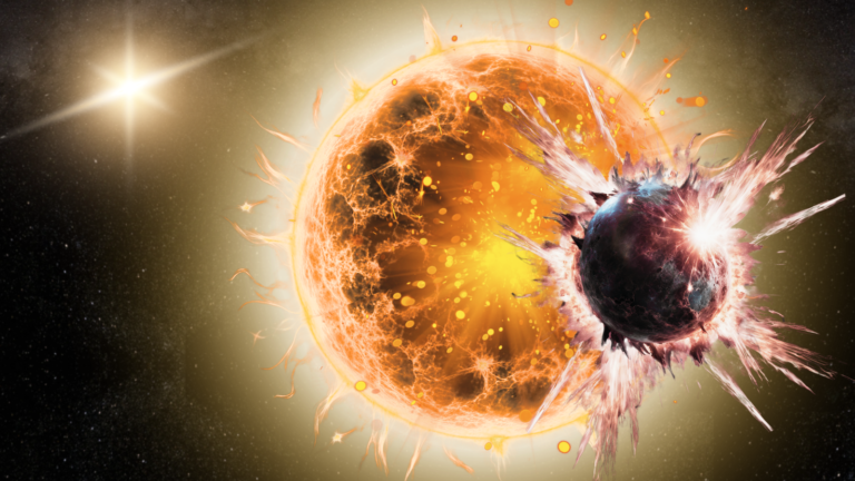 One of these twin stars has likely been snacking on exoplanets An illustration showing a yellow scorching star with a reddish exoplanet in front of it that's getting destroyed.
