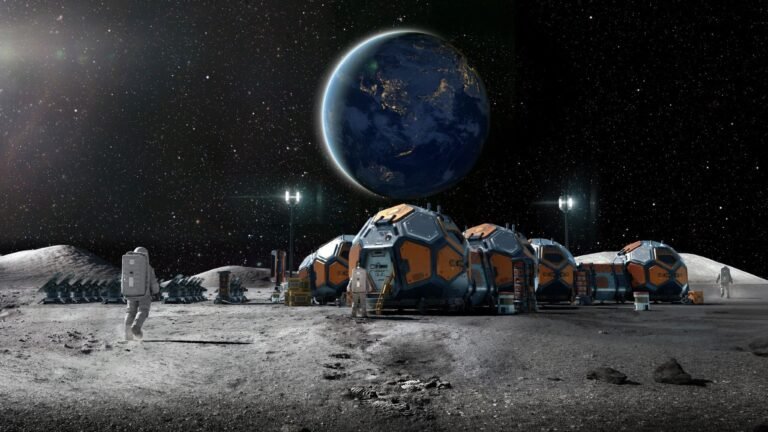 Should we store Mars samples on the moon to keep alien germs away from Earth? an illustration of astronauts walking among geodesic domes on the surface of the moon with the earth visible in the background
