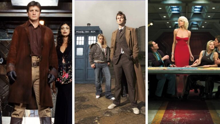 The 10 best sci-fi TV shows of the 2000s Split image showing screenshots from three 2000s sci-fi shows: Firefly, Doctor Who, and Battlestar Galactica