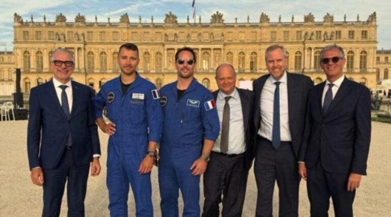 At the Choose France Summit 2026, (L-R): ESA Director General Josef Aschbacher, ESA Reserve Astronaut Arnaud Prost, ESA Astronaut Thomas Pesquet, CNES Deputy CEO Lionel Suchet, Vast CEO Max Haot, and Vast President, Europe Giorgio Saccoccia