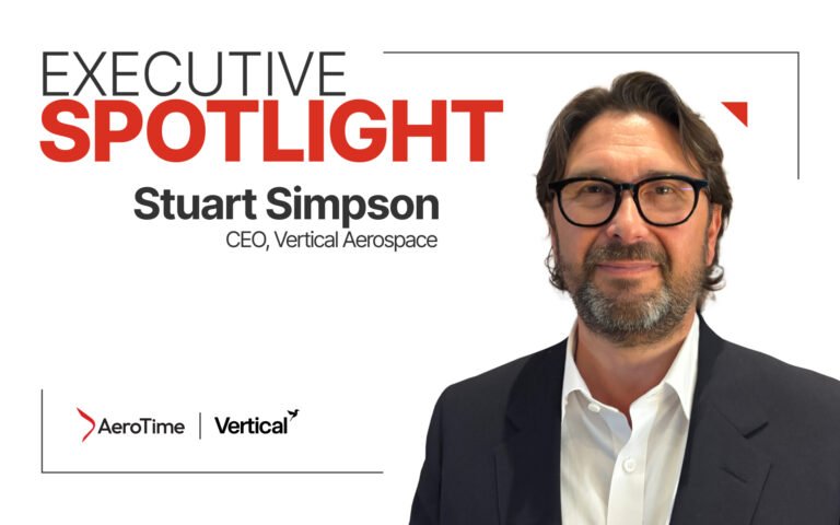 Portrait of Stuart Simpson CEO of Vertical Aerospace on a white banner with the words Executive Spotlight and company logos in the corner right side