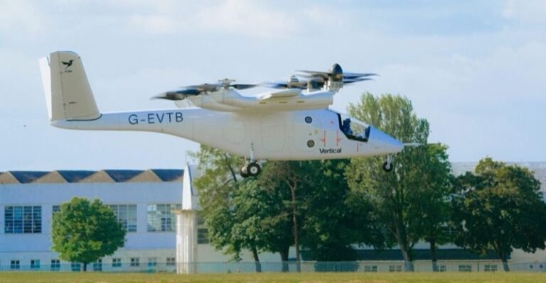 Vertical Aerospace full-scale eVTOL prototype G-EVTB in low hover during first piloted flight at Cotswold Airport, Gloucestershire, UK
