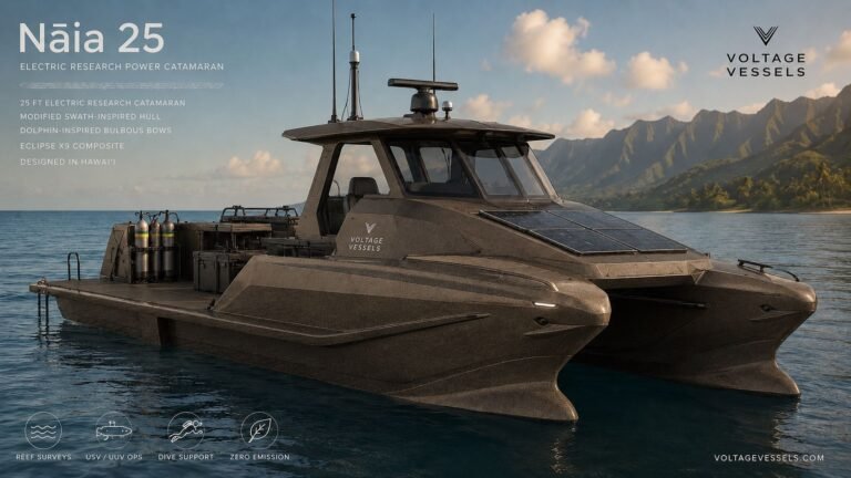 Voltage launches Eclipse X9, a Basalt-Recycled PETG Composite for LFAM Nāia 25, a 25 ft electric research catamaran concept. Image via Voltage Vessels.