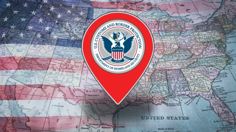 World Cup arrivals face US airport scrutiny CBP seal centered on a map of the United States with a faint American flag backdrop conveying border protection theme