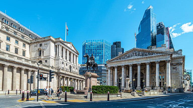 Bank of England warns of climate insurability risk Bank of England and Royal Exchange in London