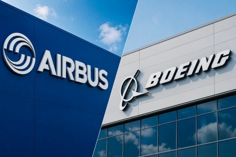 Boeing Edges Airbus at Farnborough as Ortberg’s Turnaround Gains Momentum Logos of Airbus and Boeing on their respective buldings/headquarters.
