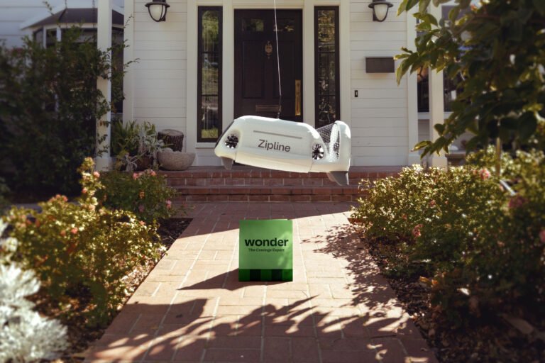 By 2027, Delivery Drones Could Be Everywhere In Texas Zipline delivery drone lowering a droid and package from Wonder on a tether