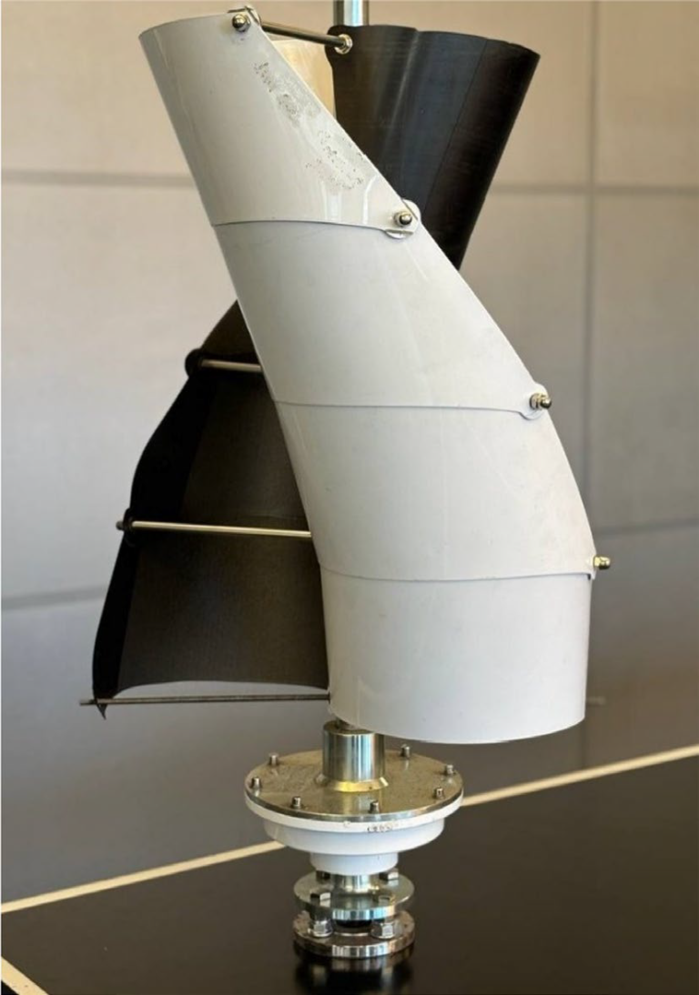 Concordia researchers use 4D printing of composites to produce wind turbine blades on flat molds Final assembly of the vertical-axis wind turbine with aluminum and carbon/epoxy blades. Photo via Emad Fakhimi and Suong Van Hoa, Concordia University.