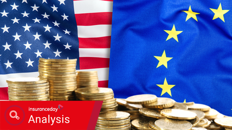 EU and US insurers diverge on sustainable investing Flags of EU and USA together.