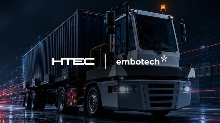 An industrial logistics vehicle with the HTEC and Embotech logos superimposed.