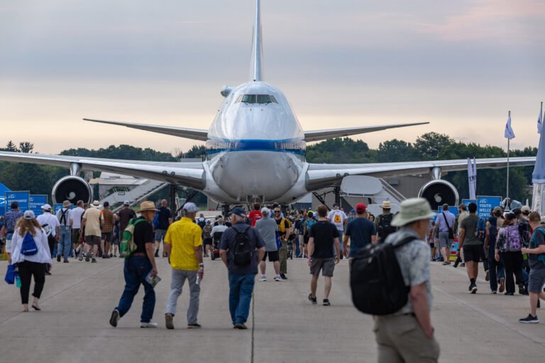 A Boeing 747 sits on display at Boeing Plaza at EAA AirVenture in 2025. [Credit: EAA]