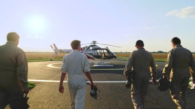 Test pilots walk toward a Leonardo SW4 helicopter equipped with Daedalean’s visual air traffic detection system. [Credit: Daedalean]