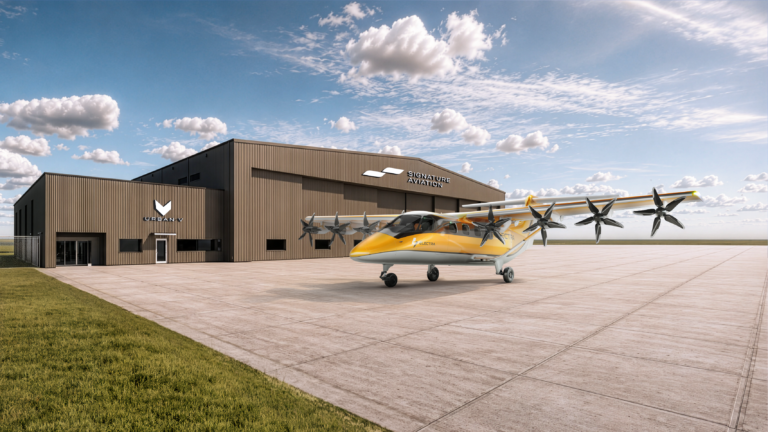 Hybrid-Electric Regional Aviation Is Coming to an FBO Near You Electra EL9 Ultra Short hybrid-electric aircraft in front of Signature Aviation FBO terminal and UrbanV vertiport