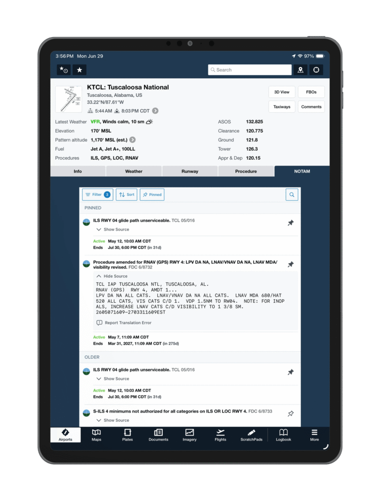 Screen view of ClearNOTAMs app from Jeppesen ForeFlight [Credit: Jeppesen ForeFlight]
