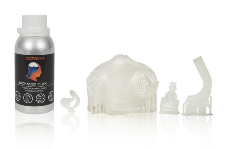 Featured image shows Liqcreate’s new Bio-Med Flex resin alongside 3D printed parts. Image via Liqcreate.