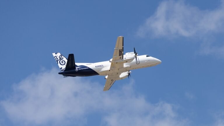 NASA, GE Aerospace Work Enables Hybrid-Electric Flight Demonstration Modified Saab 340, a hybrid-electric aircraft in flight.