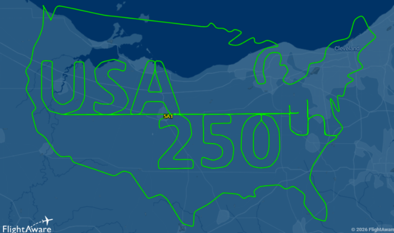 Pilot Behind ‘USA 250th’ Flight Path Breaks Down Mission FlightAware flight path USA 250th and outline of USA