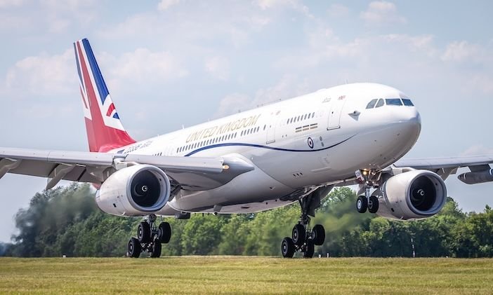 Plans progress to create a £100m UK aerospace supply chain fund Image shows ZZ336, the RAF's VIP Voyager (Vespina), landing and taxiing into RAF Brize Norton. The white plane has a union flag on the tail, and United Kingdom across the side