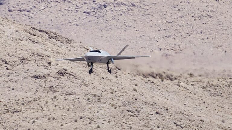 Second-Generation U.S. Autonomous Fighters May Look Like The First YFQ-42 coming in for a landing in desert environment