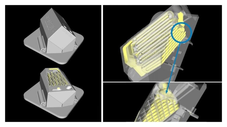 Solukon launches SPR-Pathfinder PRO for complex LPBF depowdering simulation SPR-Pathfinder PRO cross-sectional views reveal simulated powder inside a component’s internal channels and highlight a potential powder trap. Image via Solukon.