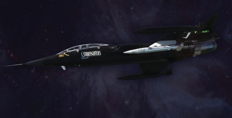 Starfighters advances reusable airborne Mach 2+ test platform A black Starfighters F-104 supersonic jet, registration N991SF, shown in profile against a star-filled backdrop