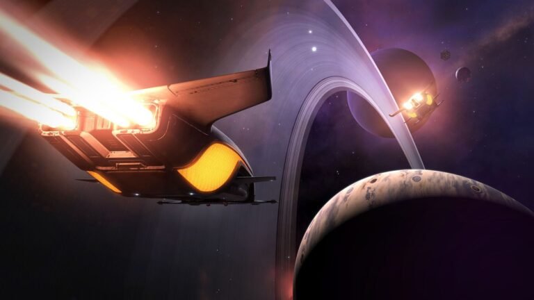 Why space games still struggle with the scale of the universe Screenshot from the space exploration game Elite Dangerous, showing a spaceship flying towards a gas giant with several other planets visible behind.