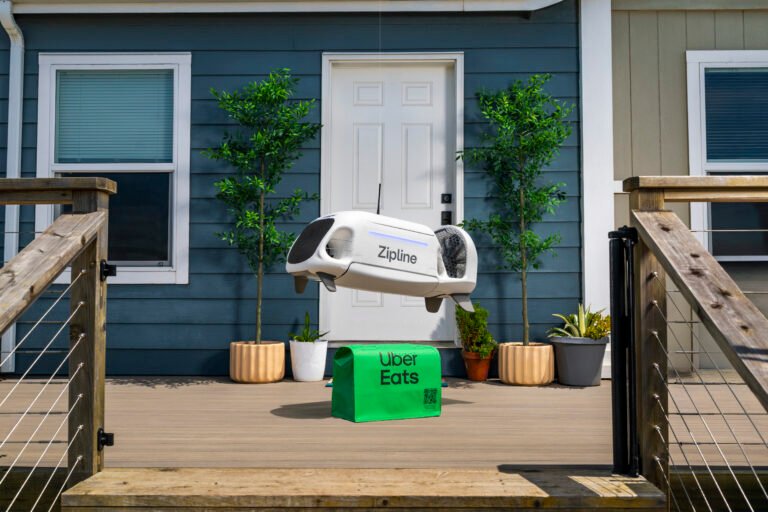 Zipline delivery drone with Uber Eats branding