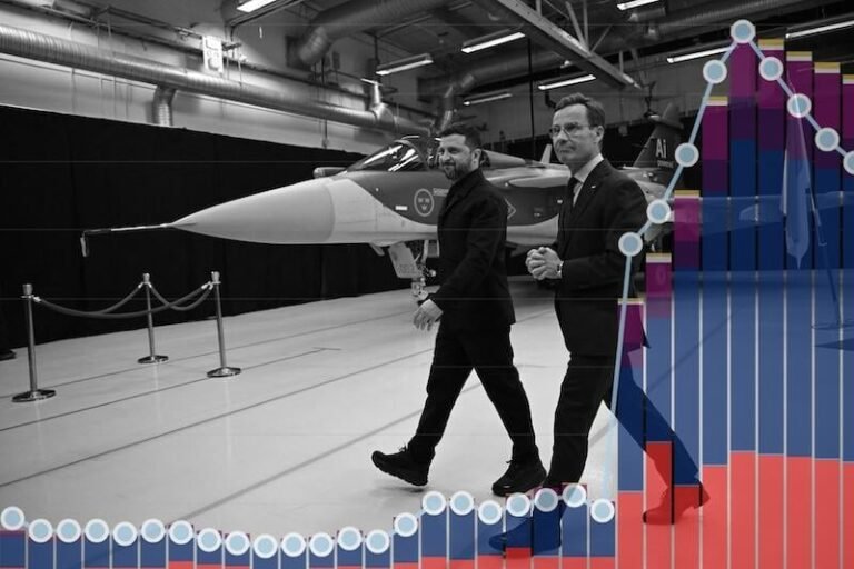 Swedish Prime Minister Ulf Kristersson (R) and Ukrainian President Volodymyr Zelensky walk past a Gripen fighter jet