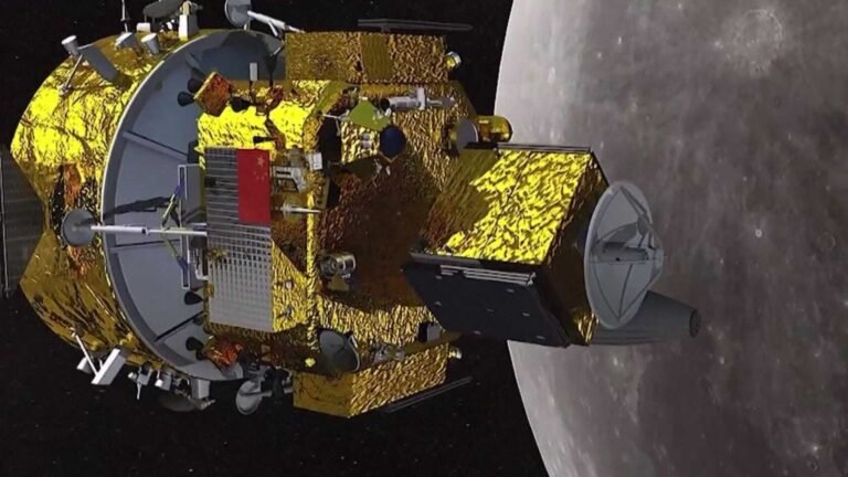China’s Chang’e 7 moon probe will launch this weekend on the most ambitious lunar mission in history An illustration of a spacecraft covered in gold foil next to the moon in space