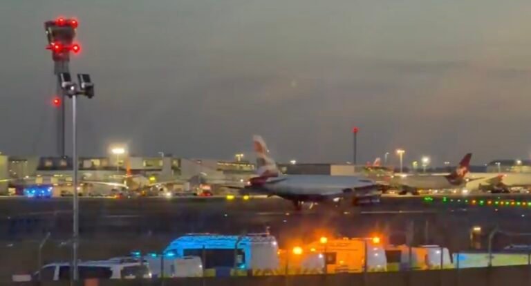 Emergency vehicles on alert at London Heathrow ahead of British Airways flight BA1459 landing Emergency vehicles on alert at London Heathrow ahead of British Airways flight BA1459 landing