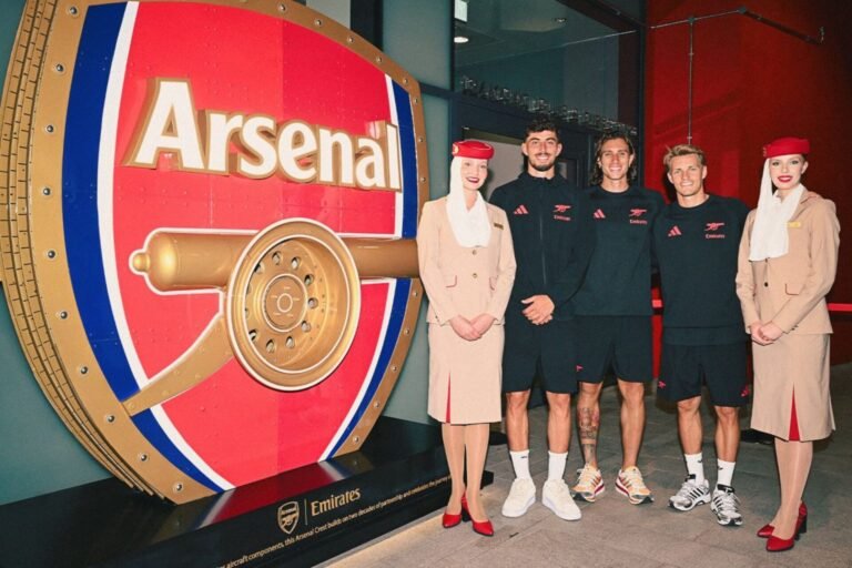 Emirates unveils Arsenal crest sculpture made from A380, 777 aircraft parts Emirates unveils Arsenal crest sculpture made from A380, 777 aircraft parts