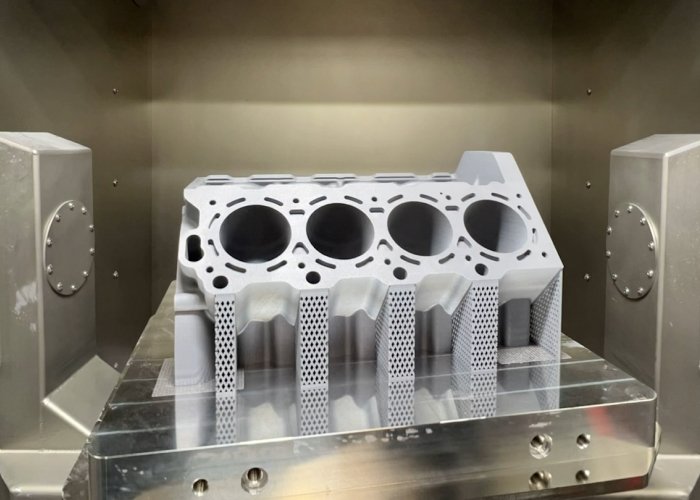Full V8 Engine Block Printed as Single Piece on Nikon SLM’s NXG XII 600 V8 engine block. Photo via Nikon SLM Solutions.
