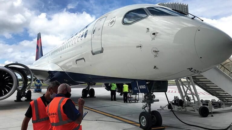 How The Aviation Aftermarket Is Improving Predictive Maintenance Delta Air Lines Airbus A220 parked on the tarmac during ground operations