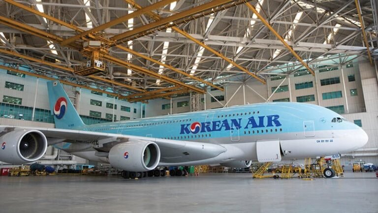 Korean Air Airbus A380 inside a large maintenance hangar