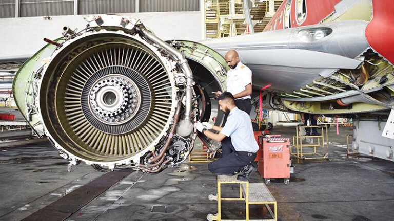 MAB Engineering Plans Measured MRO Capability Rebuild MAB Engineering Services aircraft maintenance engineers performing inspection and servicing work on a turbofan