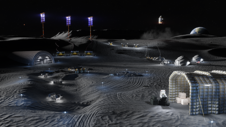 Artist concept of various technologies on a moon base.